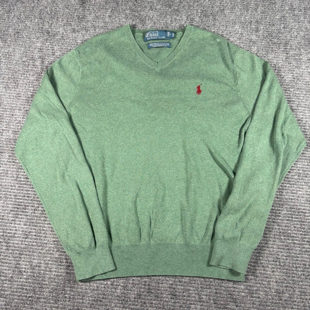 Polo Ralph Lauren Sweater Mens S Green Excellent Pima Cotton V-Neck Pony Logo